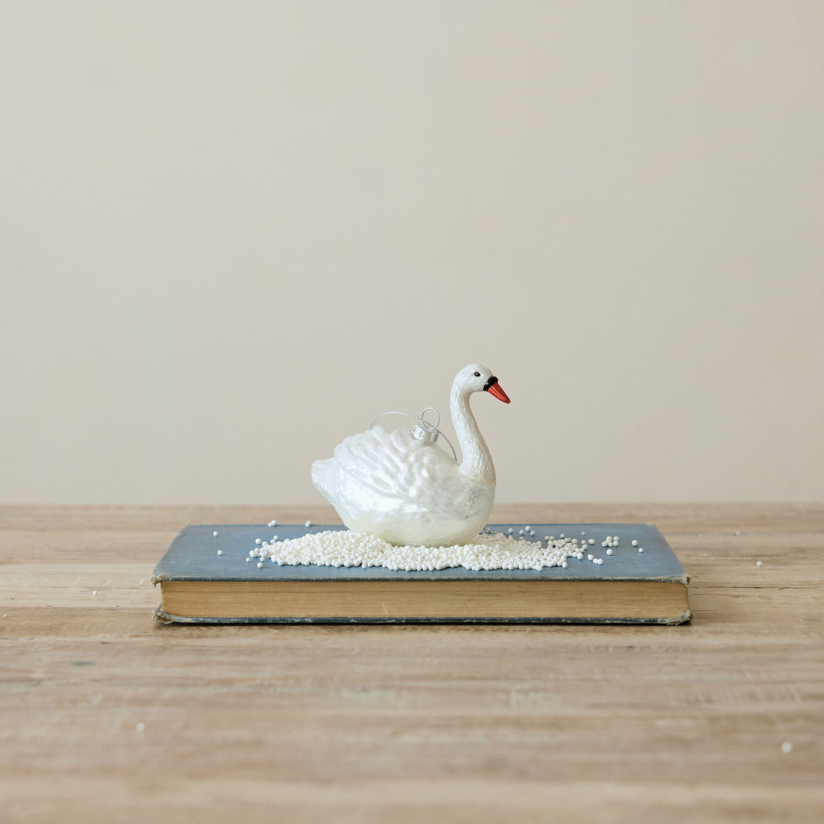 Hand-Painted White Glass Swan Ornament with Glitter