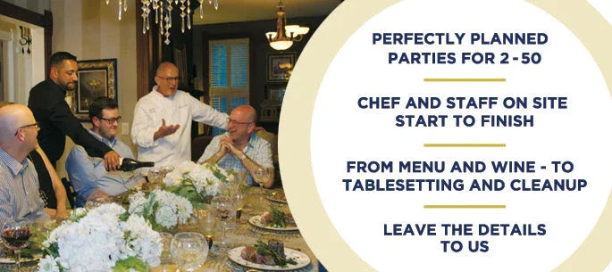 Chef serving wine to guests around elegant dining table with floral centerpiece in luxury home setting