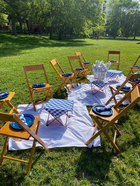 Outdoor picnic setup with wooden folding chairs, blue plates, white cloth, and blue-checkered tablecloths on green grass