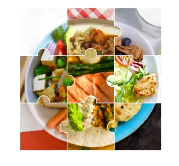 Collage of healthy meals including salmon, salad, stew, tofu bowl, and flatbread on a table