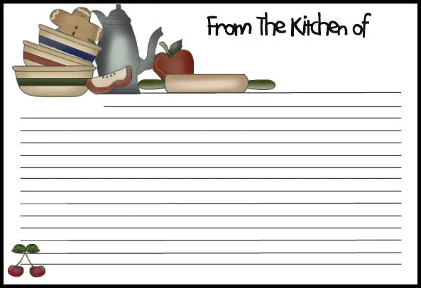 Blank recipe card with kitchen-themed illustrations including stacked bowls, a coffee pot, apple, rolling pin, and cherries