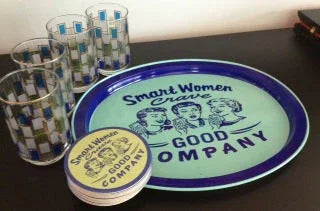 Vintage Smart Women Crave Good Company tray with matching coasters and four retro patterned glasses
