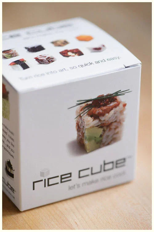 Rice Cube sushi mold packaging box showing cube-shaped sushi with chives and avocado