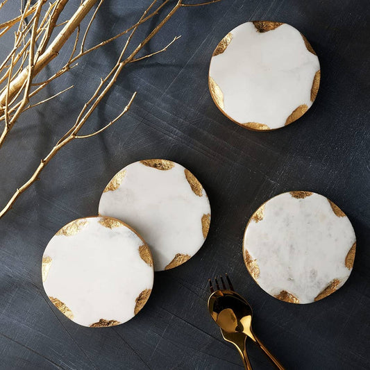 Round Marble Coasters Set of 4 with Gold Edge - Premium Marble