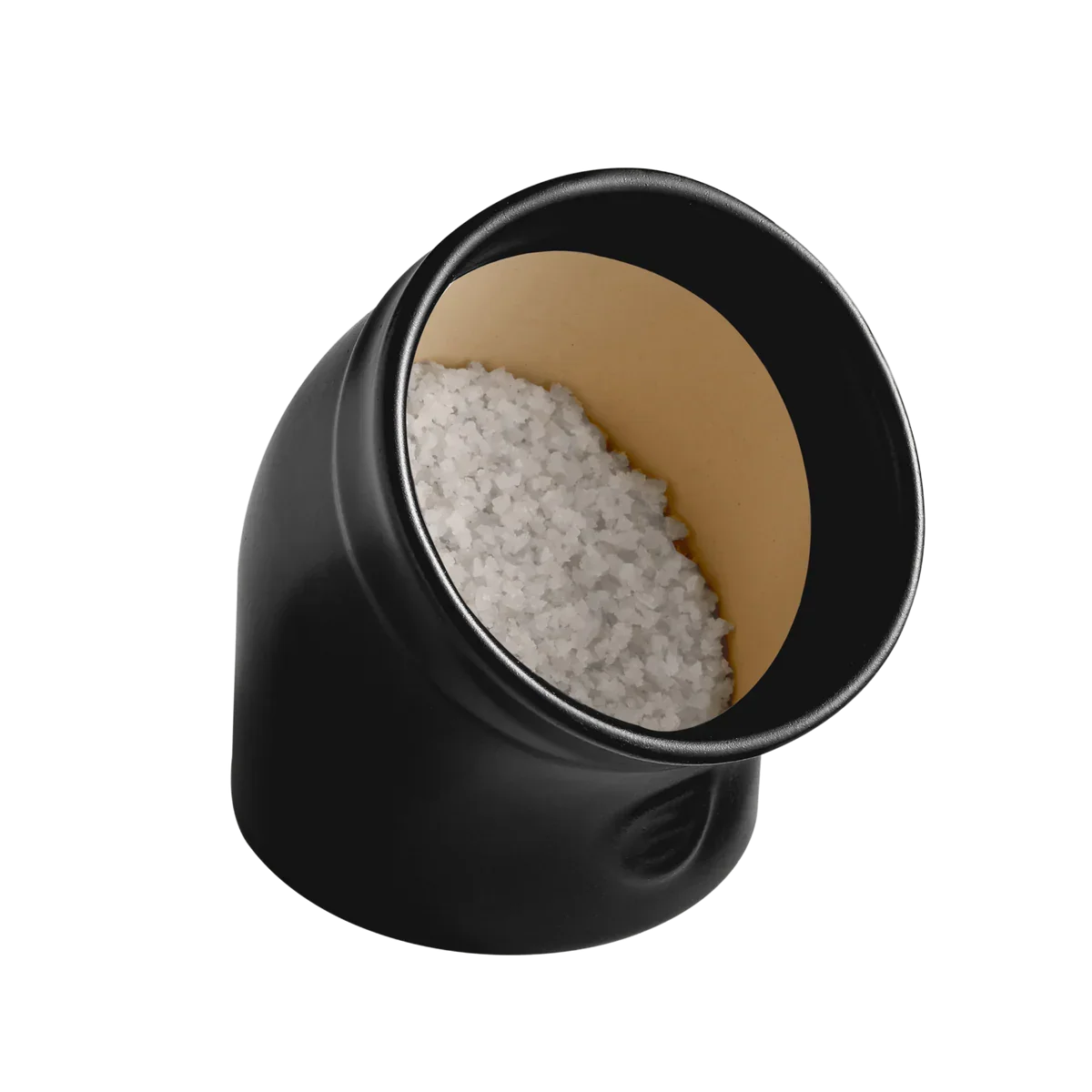 black ceramic salt pig filled with coarse white sea salt crystals