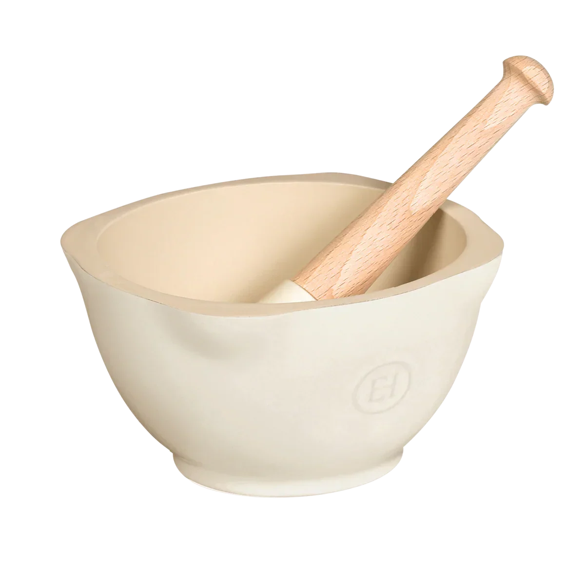 Beige ceramic mortar with wooden pestle angled inside, embossed with EH logo