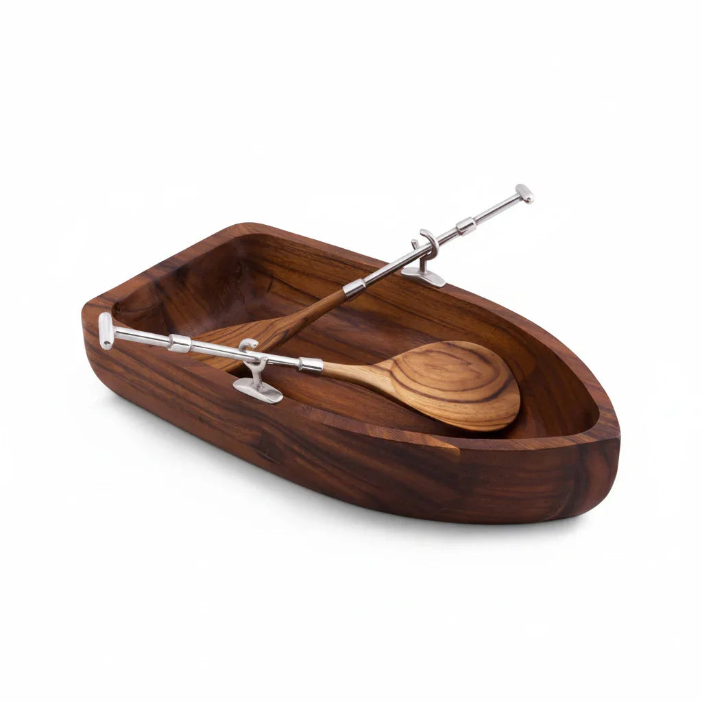 Rowboat Salad Bowl Set - Acacia Wood with Pewter Oar Servers 16"