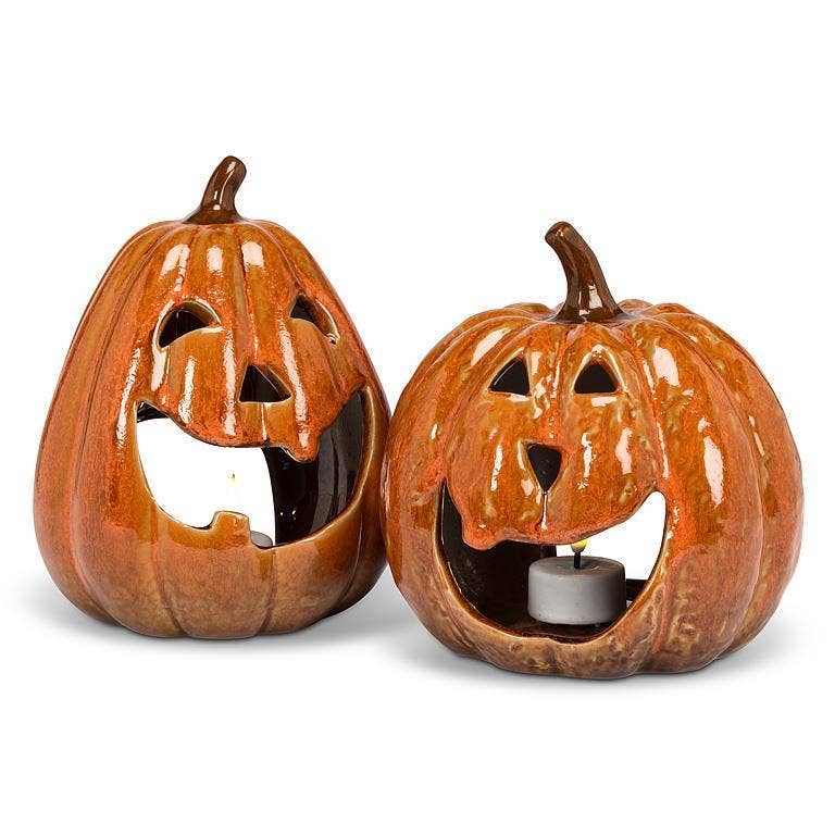Glossy Orange Porcelain Jack-O'-Lantern Candle Holder