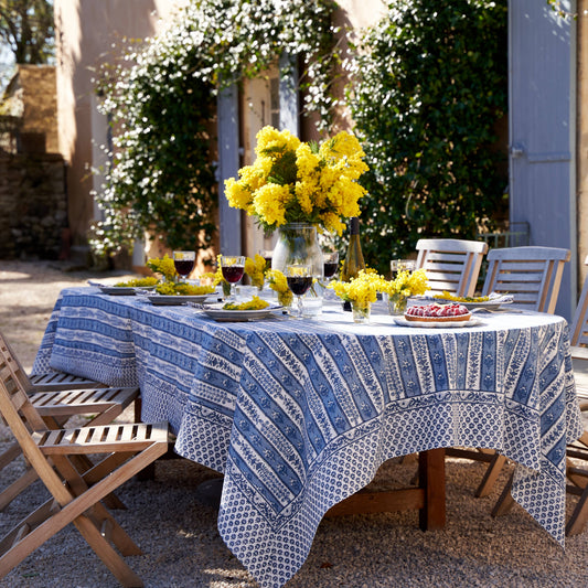 Couleur Nature Avignon Blue & Marine Tablecloth - Hand-Printed Provence Table Linen