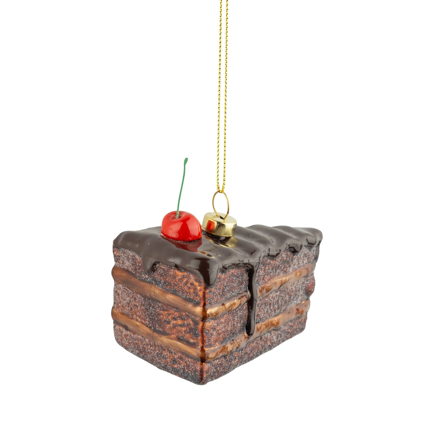 Glass piece of chocolate cake ornament with cherry,3.25in - Marcel’s Culinary Experience
