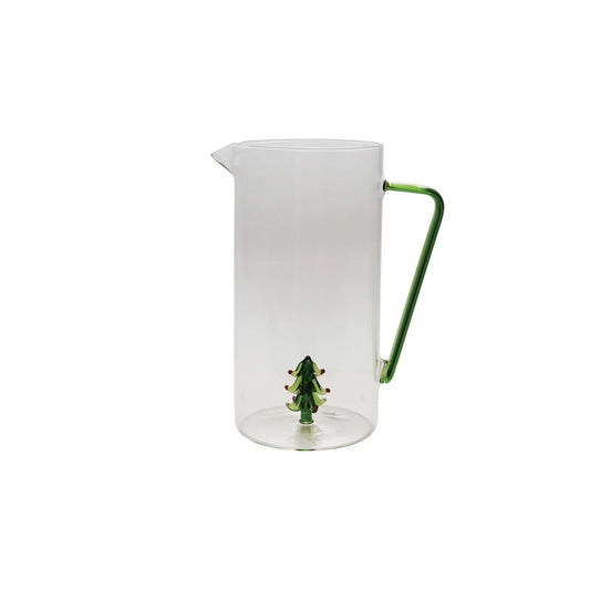 Glass Pitcher with Green Handle & Hand-Blown Tree Inside