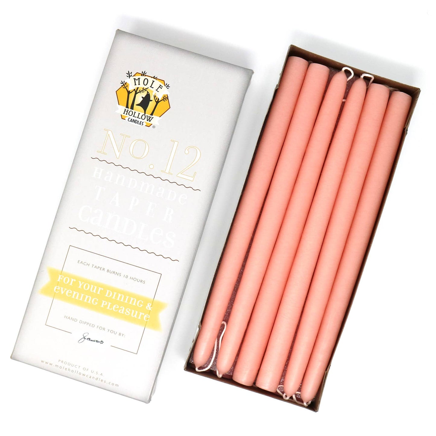 Mole Hollow Hand Dipped Unscented Taper Candles 12"