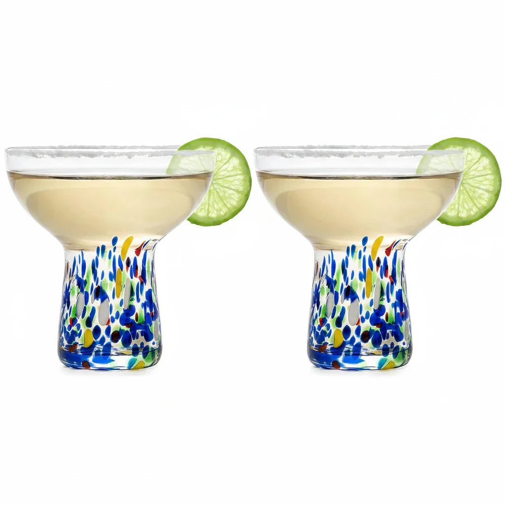 Hand-Blown Confetti Margarita Glasses - Stemless Set of 2, 14 oz