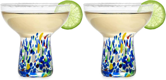 Hand-Blown Confetti Margarita Glasses - Stemless Set of 2, 14 oz