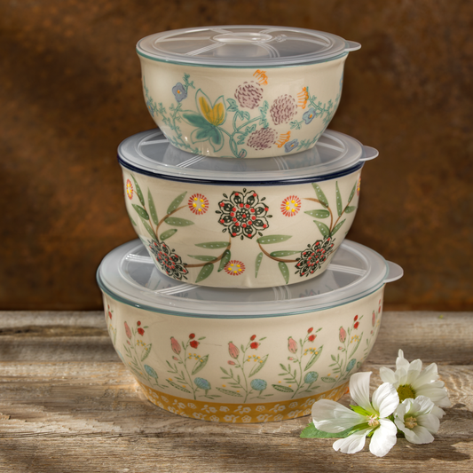 Ella Hand Painted Storage Bowls with Airtight Lids Set of 3