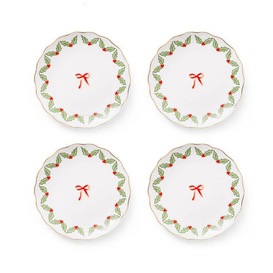 Red Bow Wreath Appetizer Plates, Set of 4