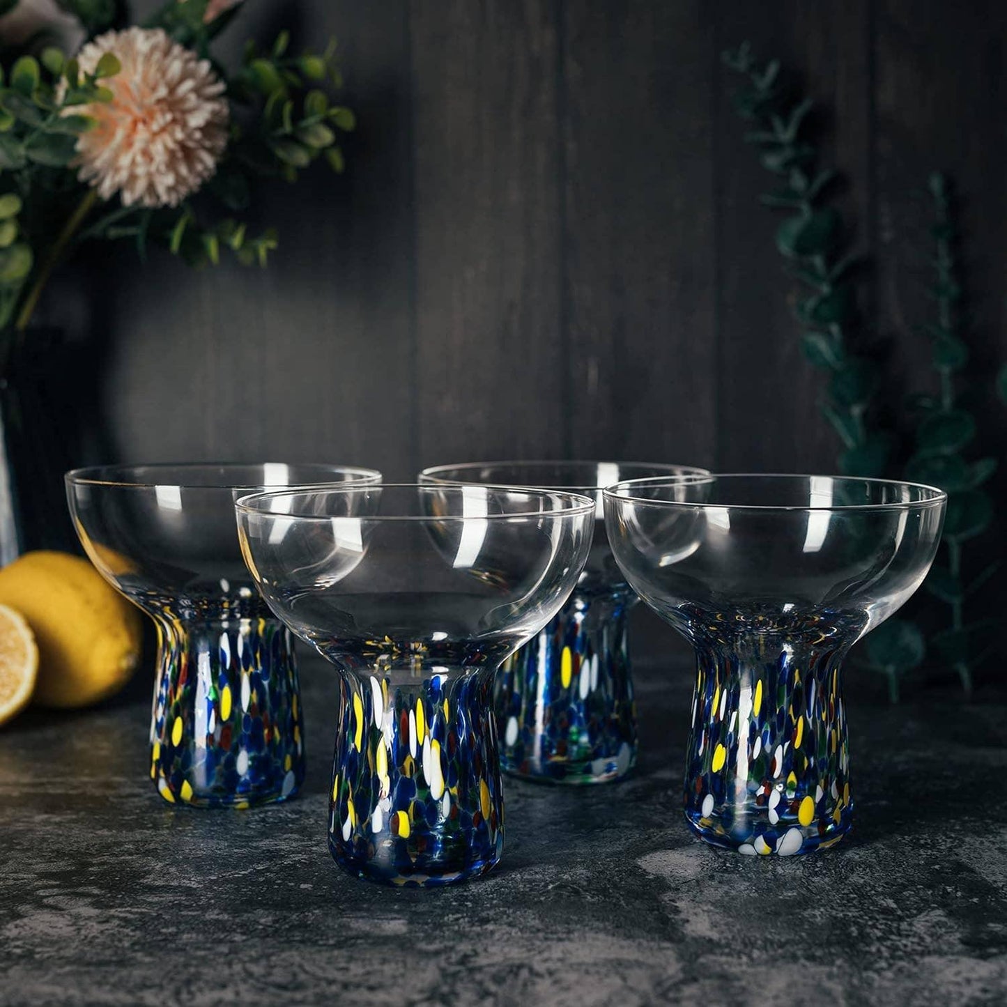 Hand-Blown Confetti Margarita Glasses - Stemless Set of 2, 14 oz