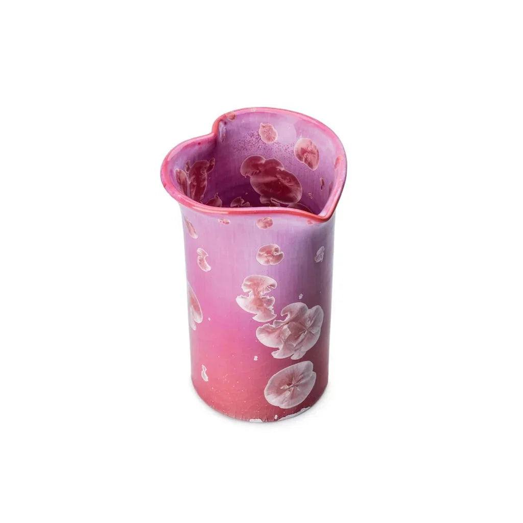 Pink and purple heart-shaped ceramic vase with crystal-like floral patterns