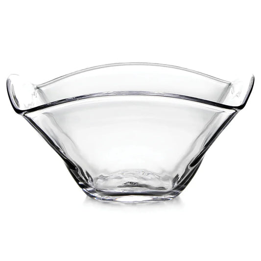 Transparent glass bowl with wide flared edges and curved geometric design