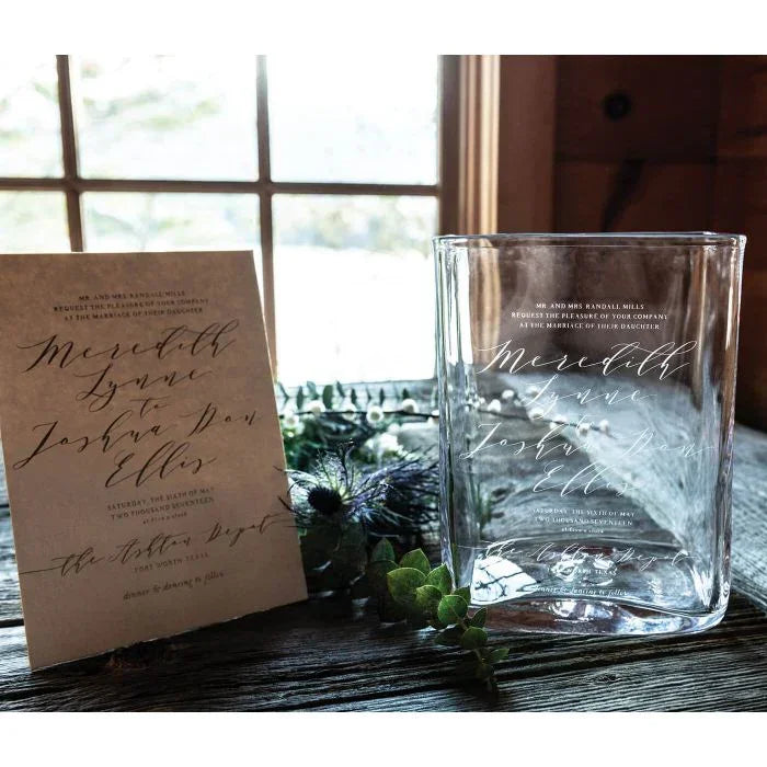 Simon Pearce Engraved Weston Vase - Large With Wedding Invitation