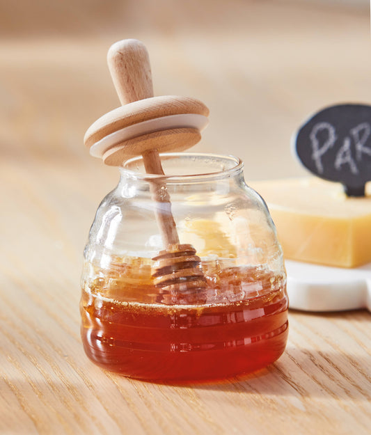 Clear Glass Honey Jar & Oak Dipper Set | 16 oz