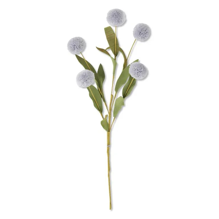 Artificial floral stem with five gray pom-pom flowers and green leaves on white background