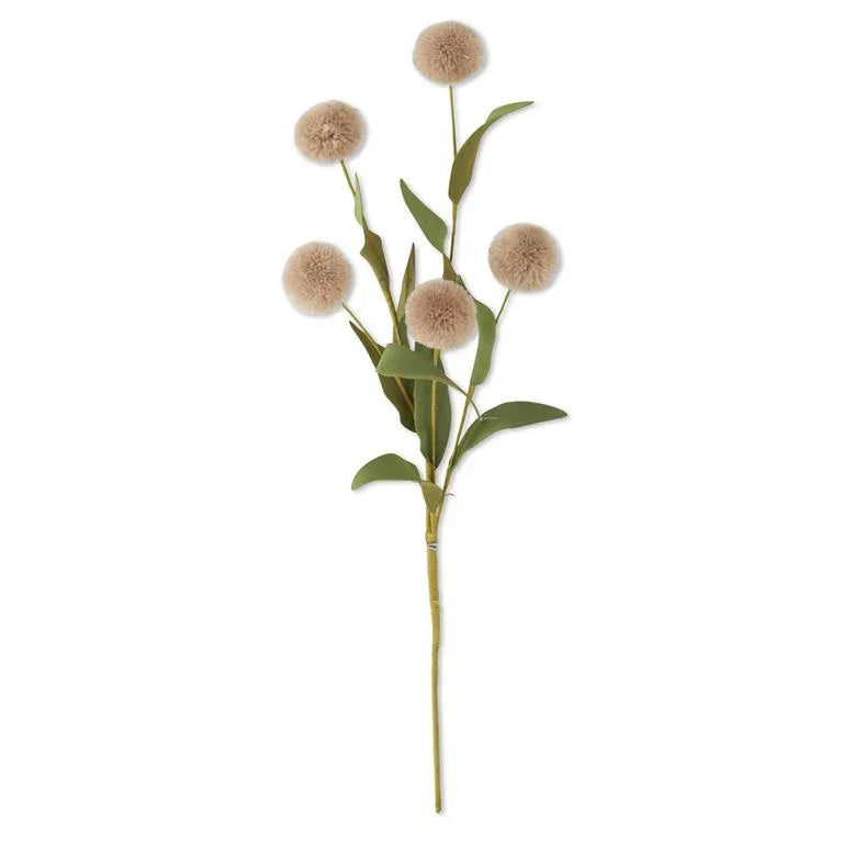 Artificial brown pom pom flower stem with green leaves on white background