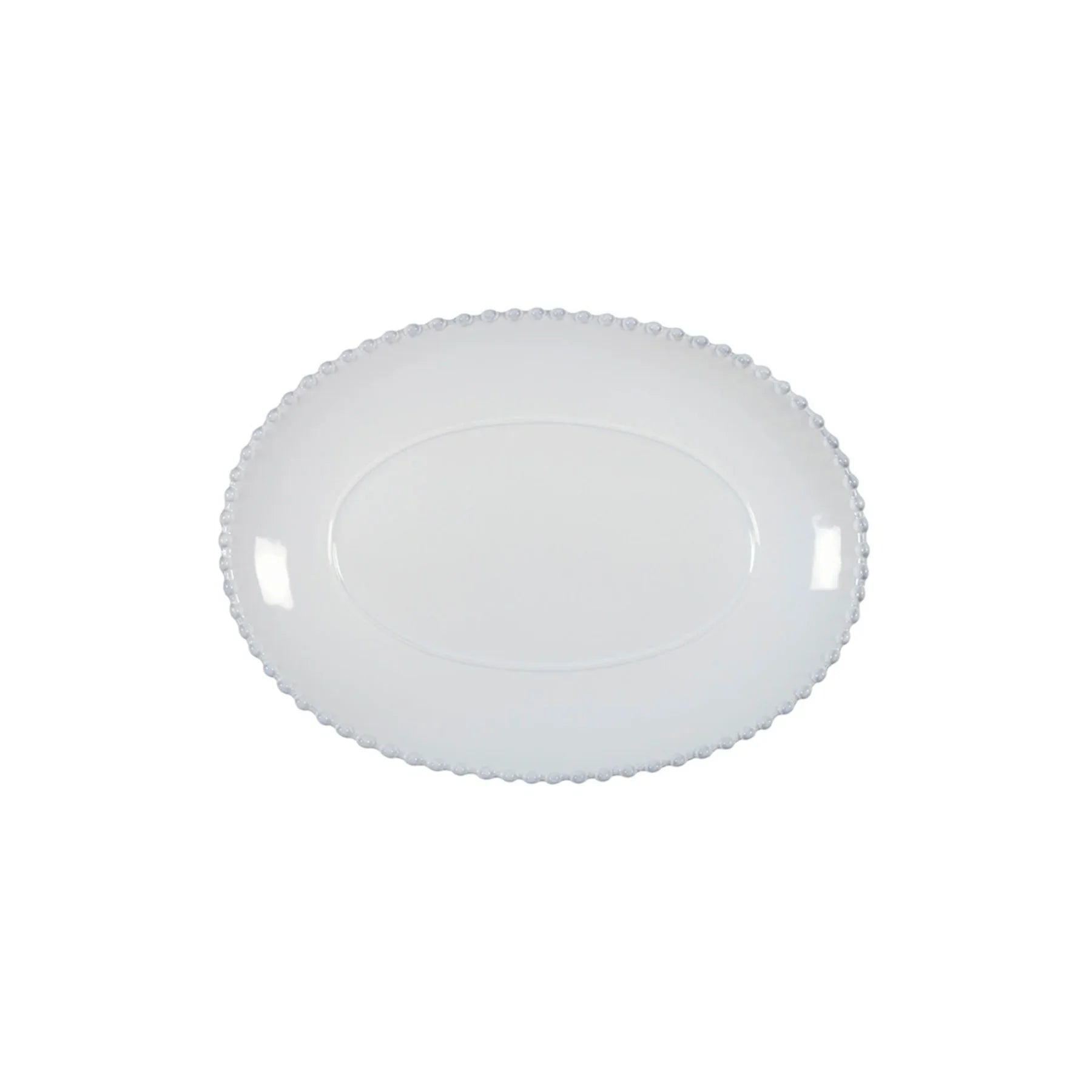 White oval ceramic serving platter with beaded rim on white background