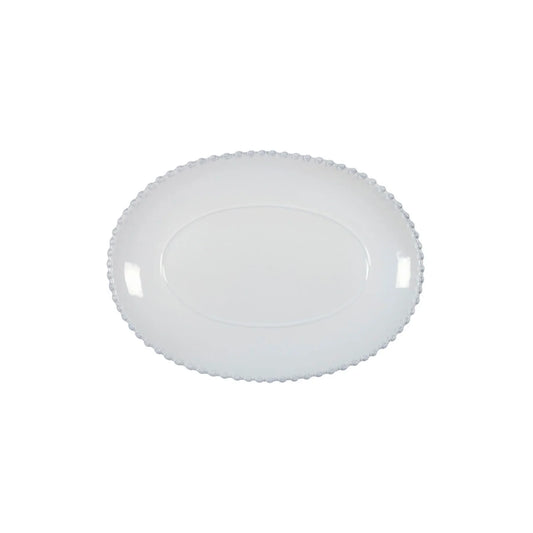 White oval ceramic serving platter with beaded rim on white background