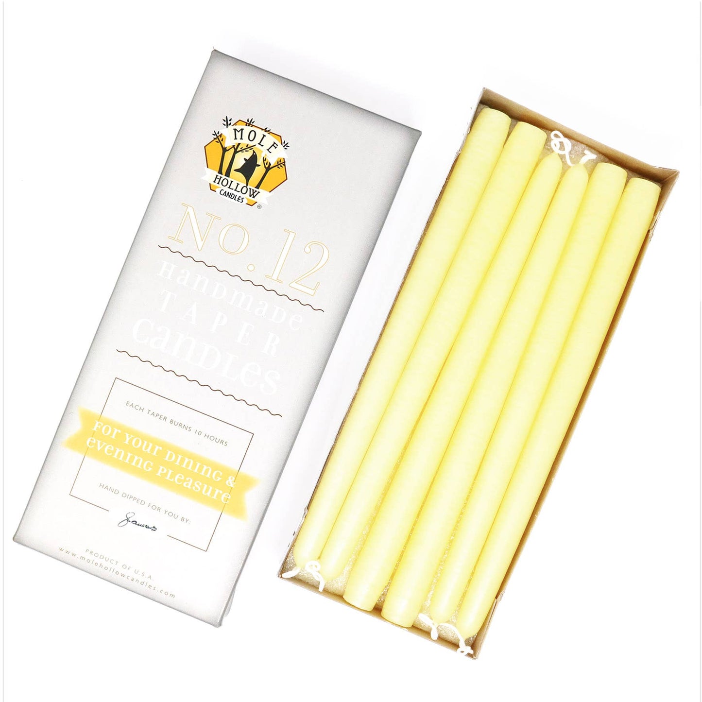 Mole Hollow Hand Dipped Unscented Taper Candles 12"