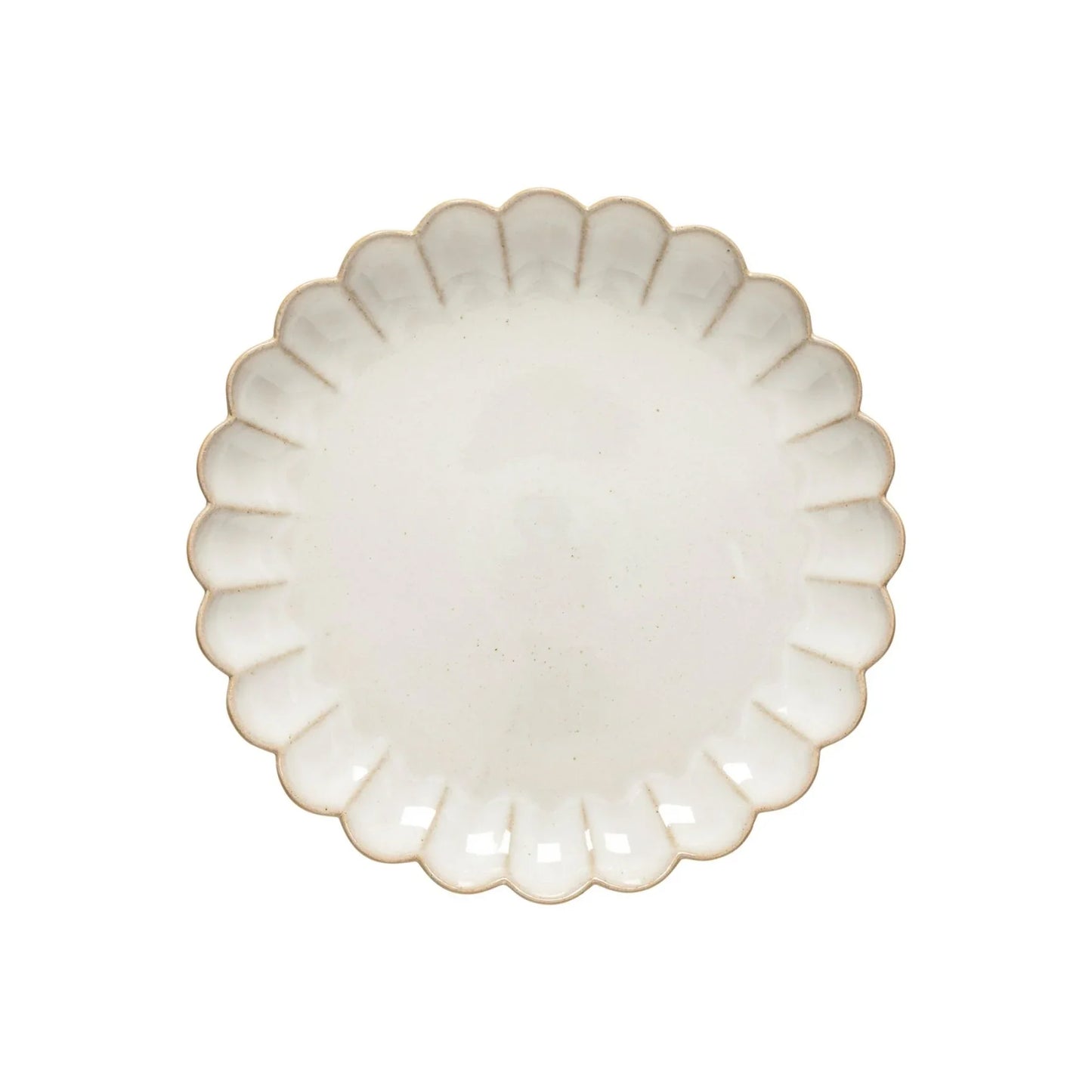 White ceramic plate with scalloped edges and subtle speckled finish on white background