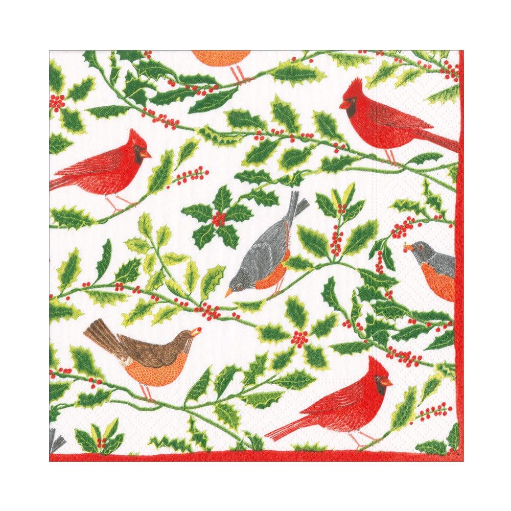 Songbirds and Holly Paper Luncheon Napkins in White - 20 Per Package - Marcel’s Culinary Experience