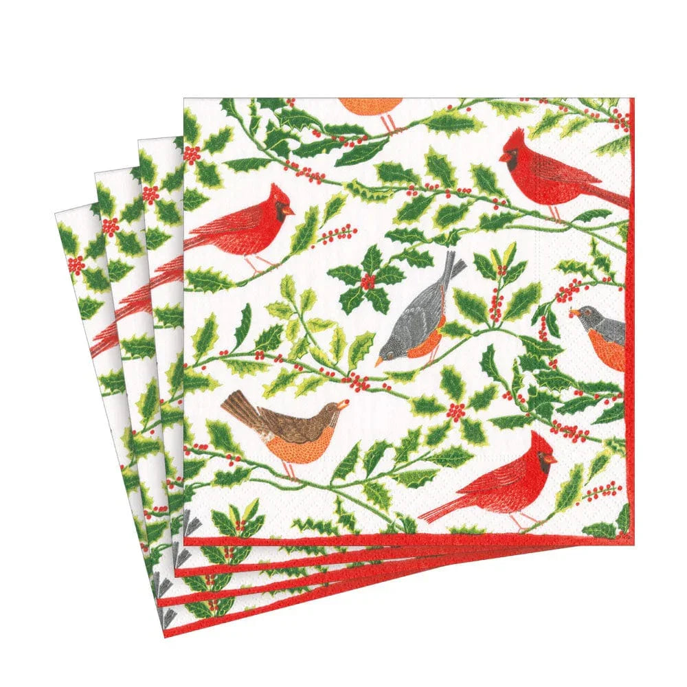 Songbirds and Holly Paper Luncheon Napkins in White - 20 Per Package - Marcel’s Culinary Experience