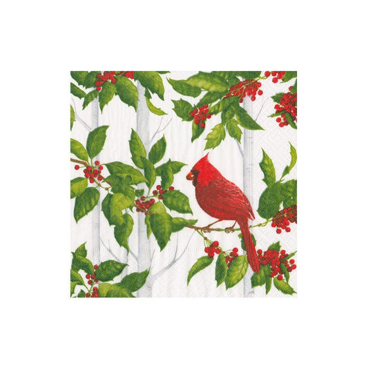 Holly And Songbirds White & Silver Cocktail Napkins - 20 Per Package - Marcel’s Culinary Experience