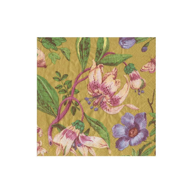 Caspari Porcelain Blooms Gold Cocktail Napkins - 20 Per Package - Marcel’s Culinary Experience