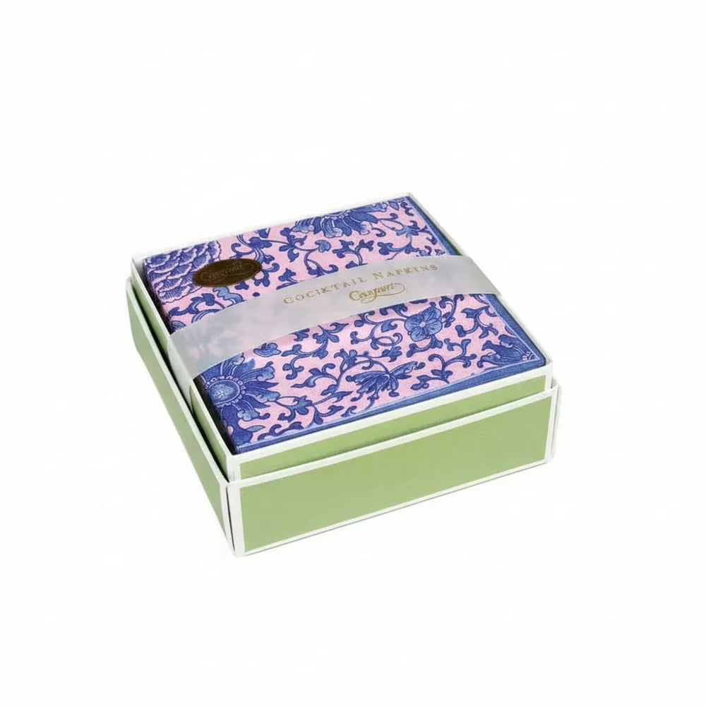 Caspari Indigo Garden Blue/Pink Boxed Cocktail Napkins - 40 Per Box