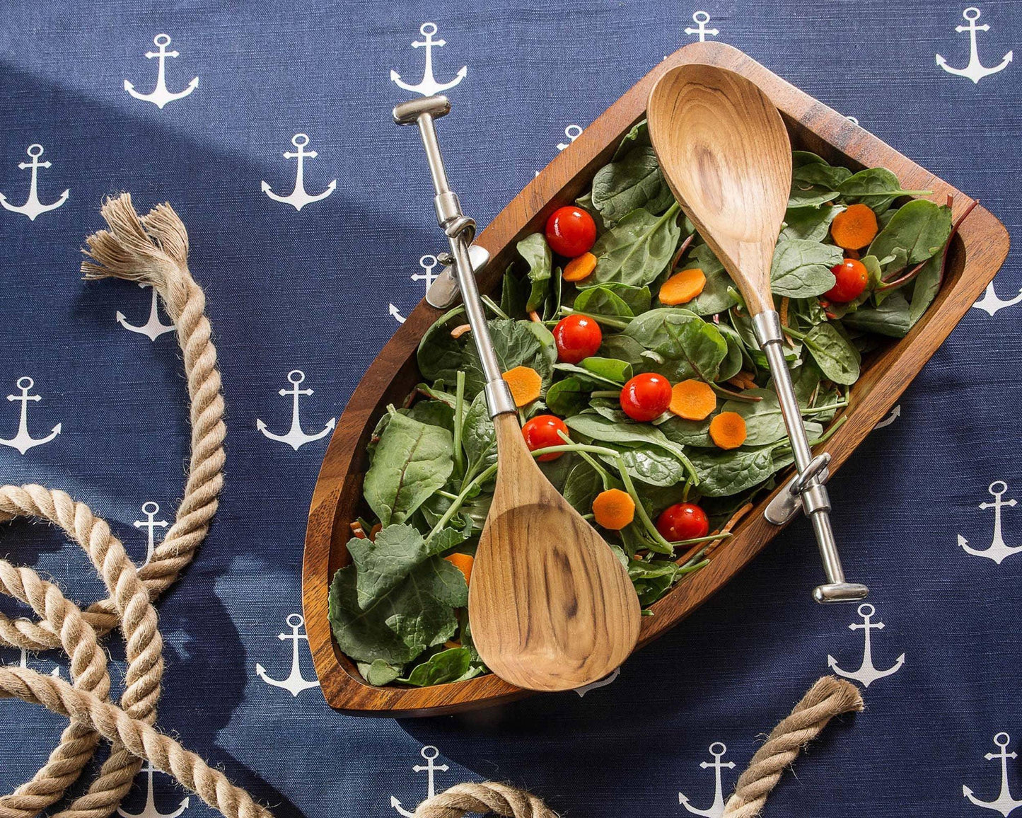 Rowboat Salad Bowl Set - Acacia Wood with Pewter Oar Servers 16"