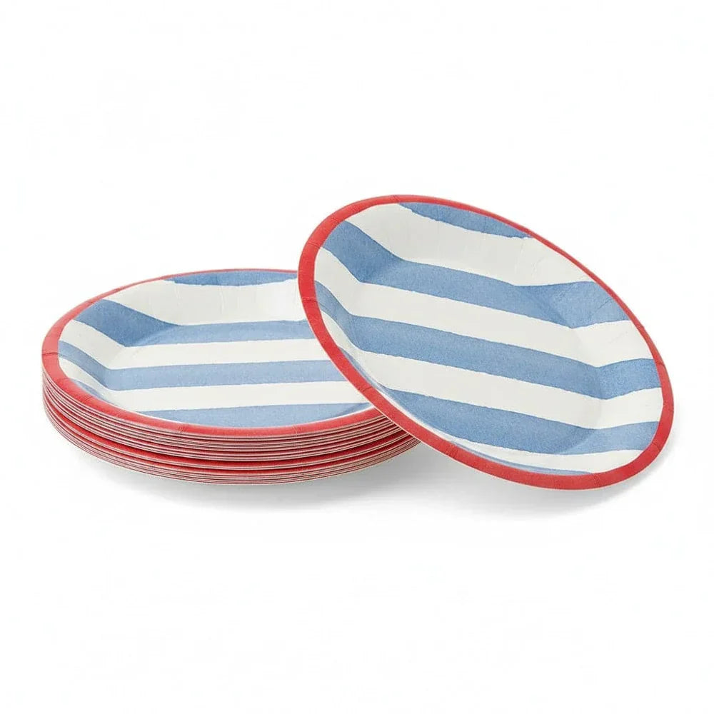 Caspari Cafe Stripe Blue/Red Salad/Dessert Plates - package of 8