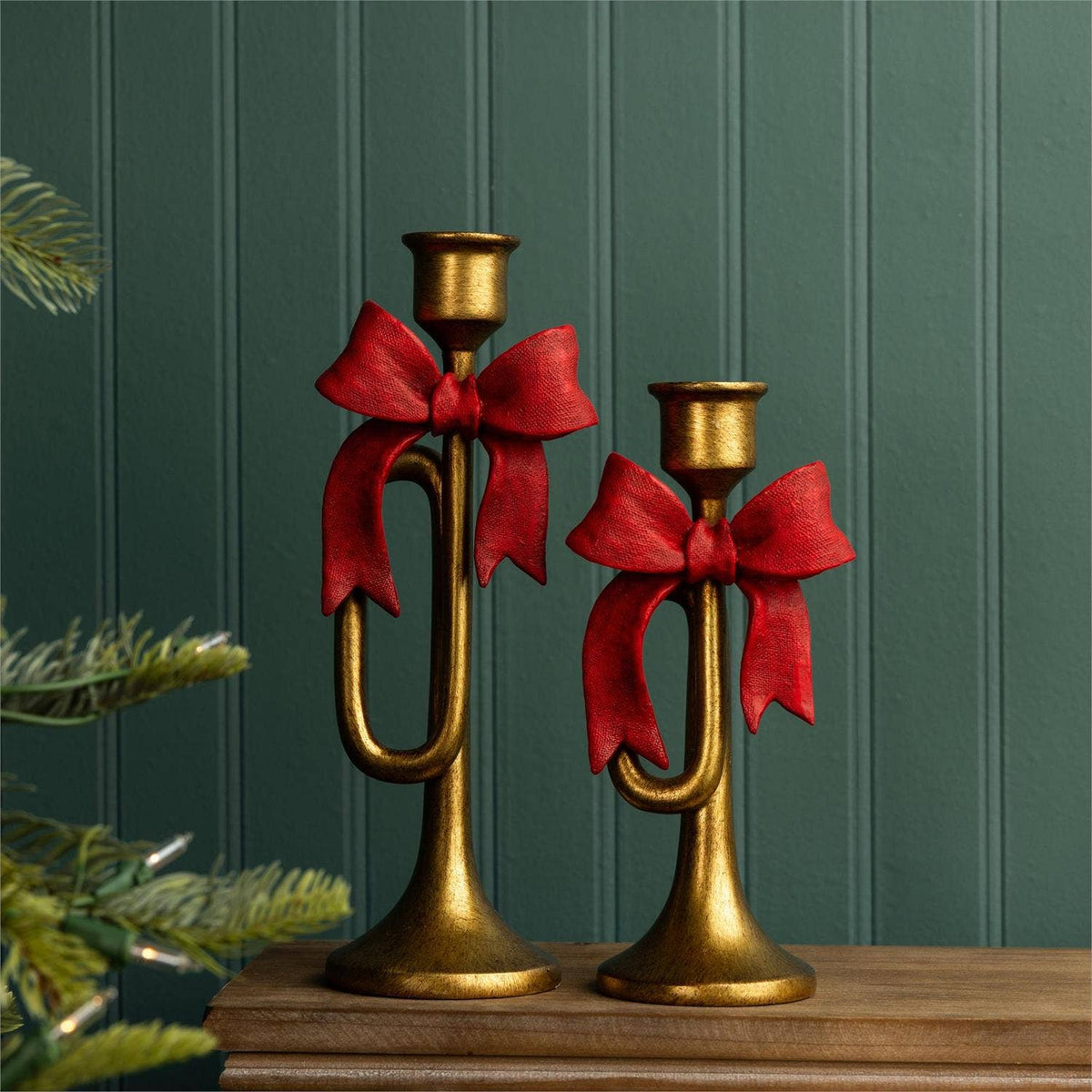 Holiday Bugle Taper Candle Holder | Antique Gold