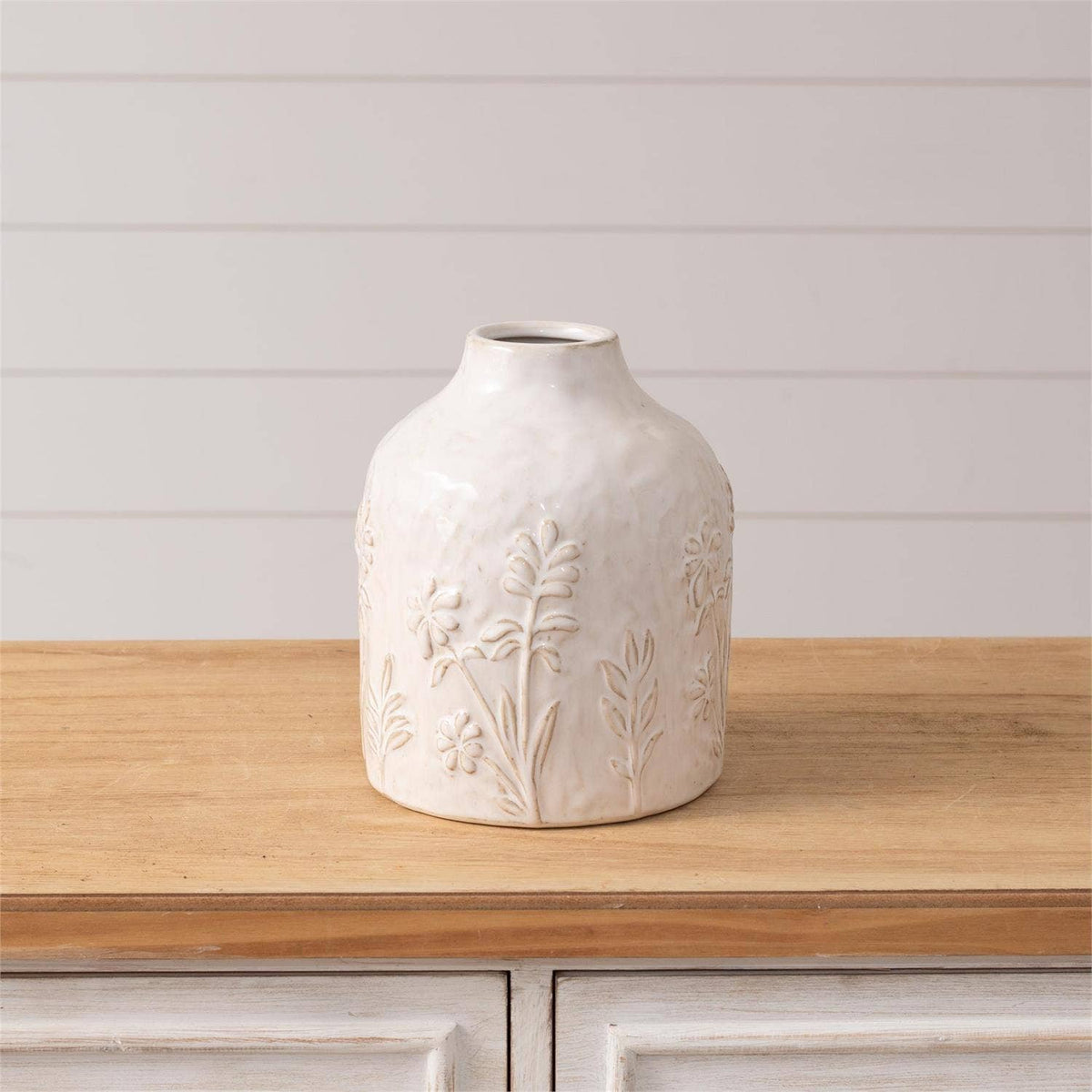 Small White Botanical Stoneware Vase | 8 Inch