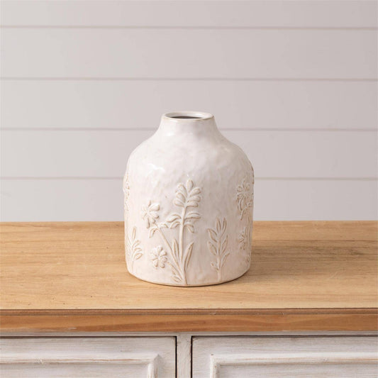 Small White Botanical Stoneware Vase | 8 Inch