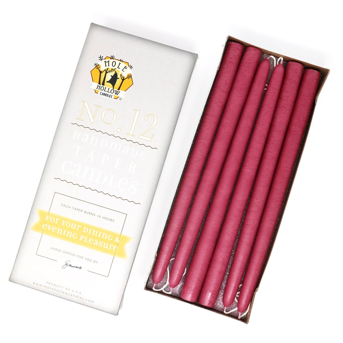Mole Hollow Hand Dipped Unscented Taper Candles 12"