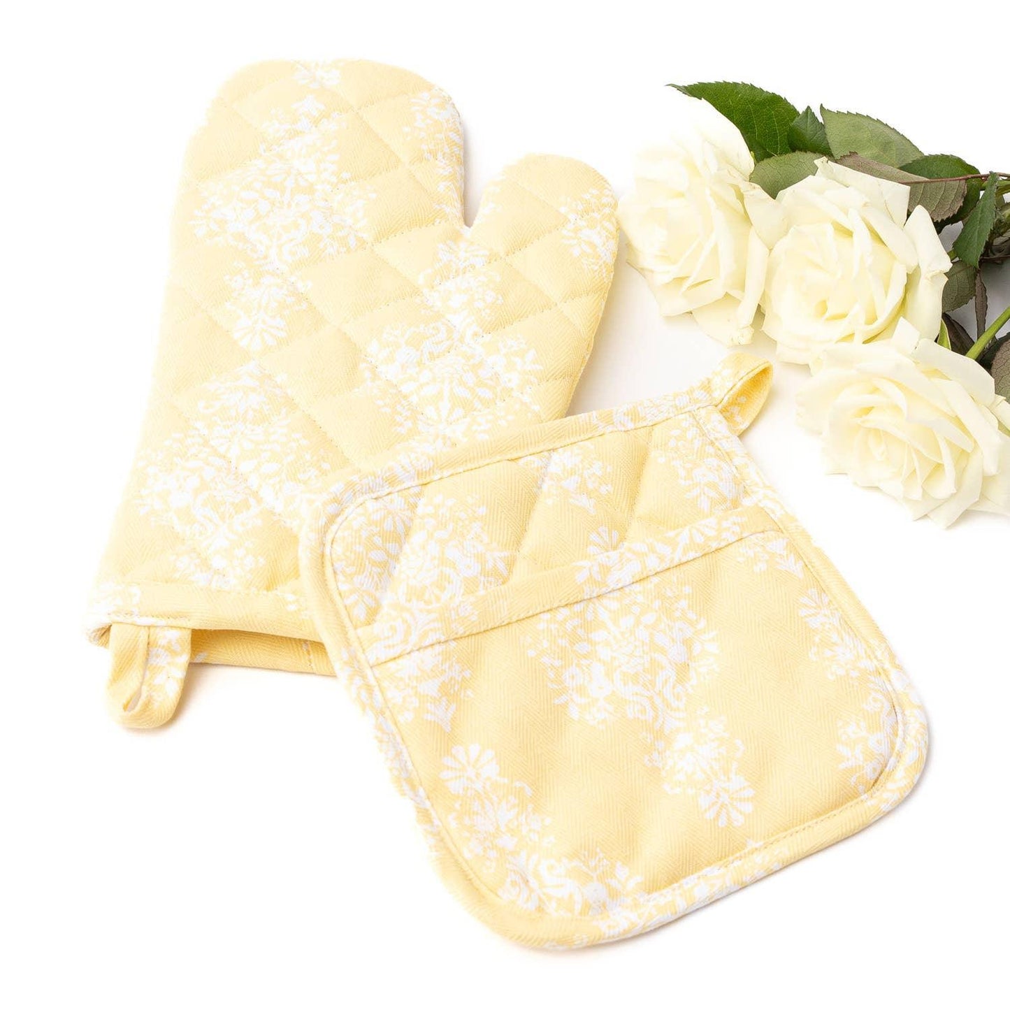 Golden Damask Oven Mitt Set