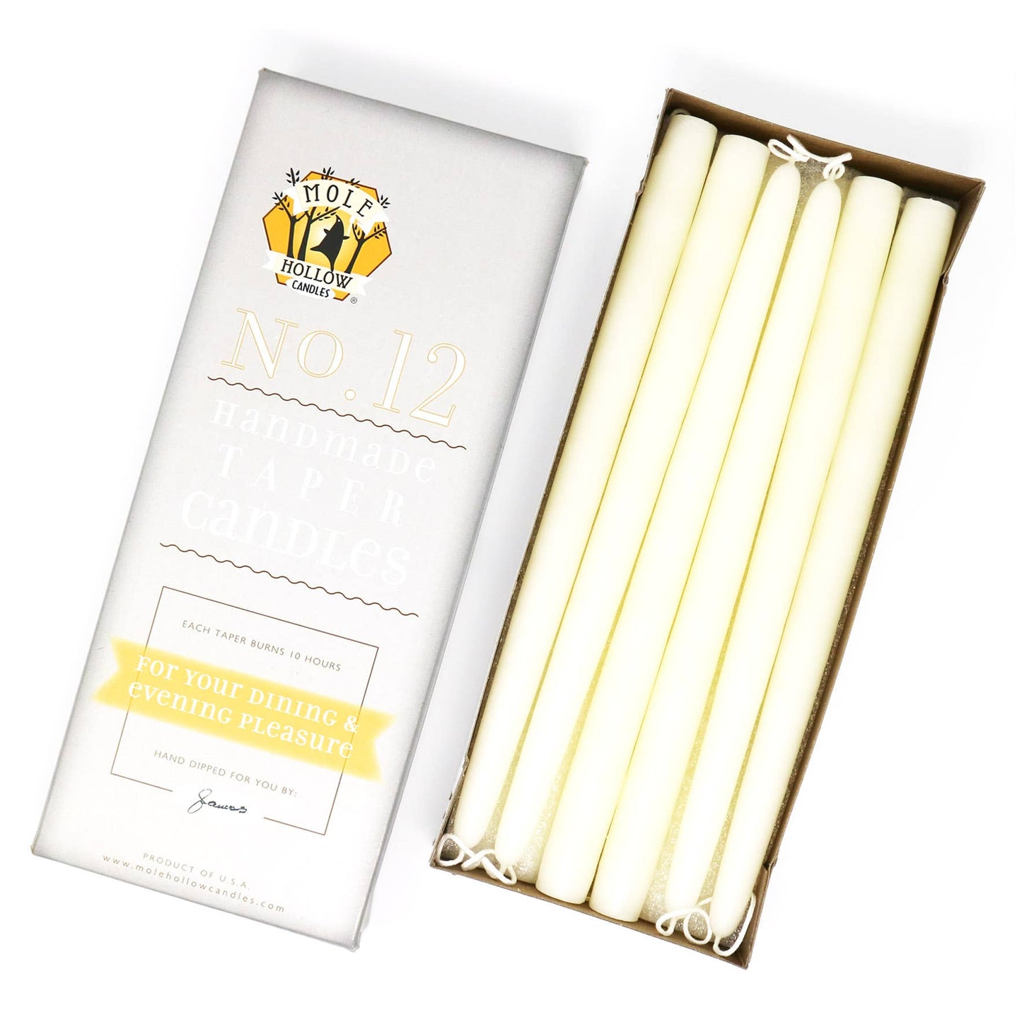 Mole Hollow Hand Dipped Unscented Taper Candles 12"