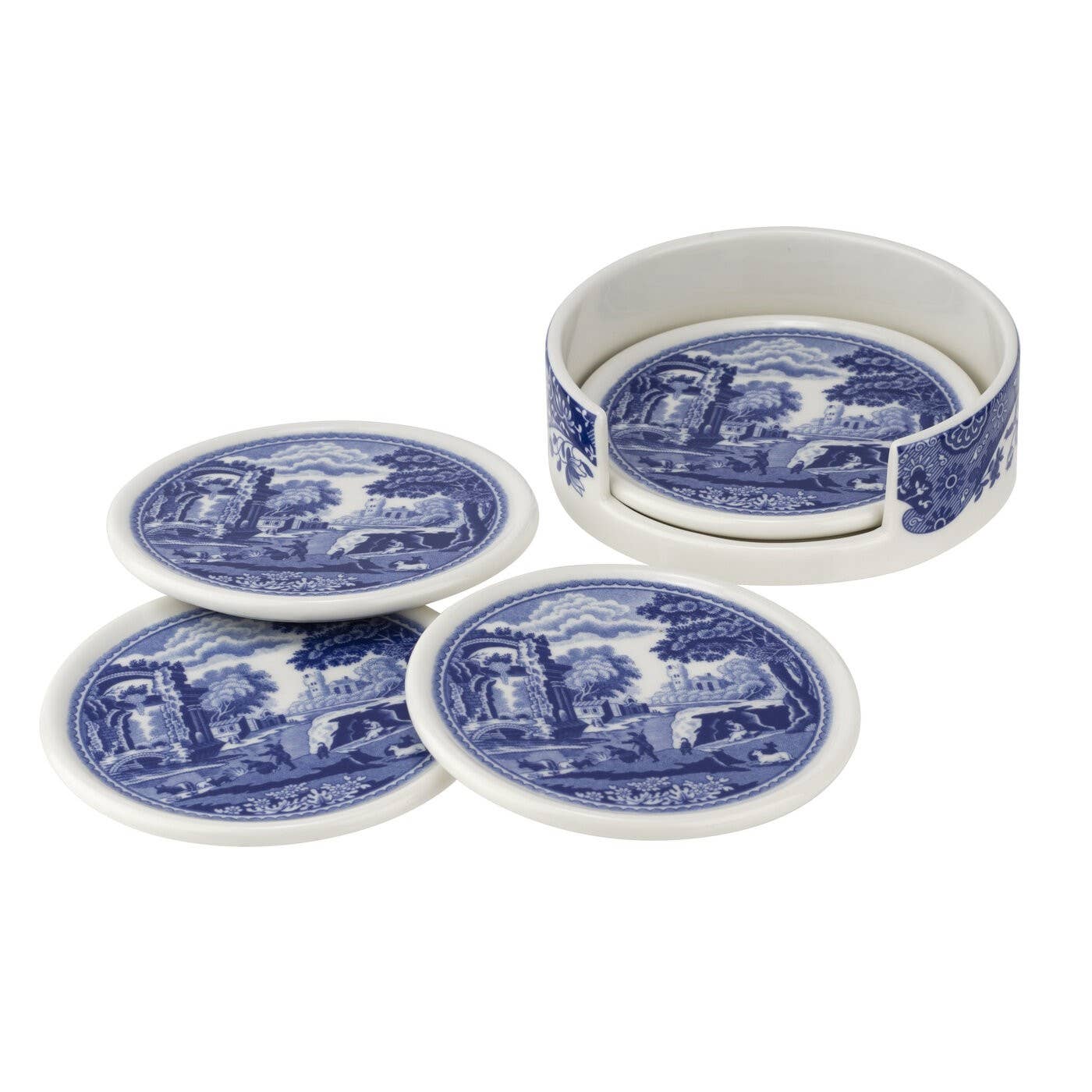 Spode Blue Italian 4-Piece Ceramic Coasters with Holder