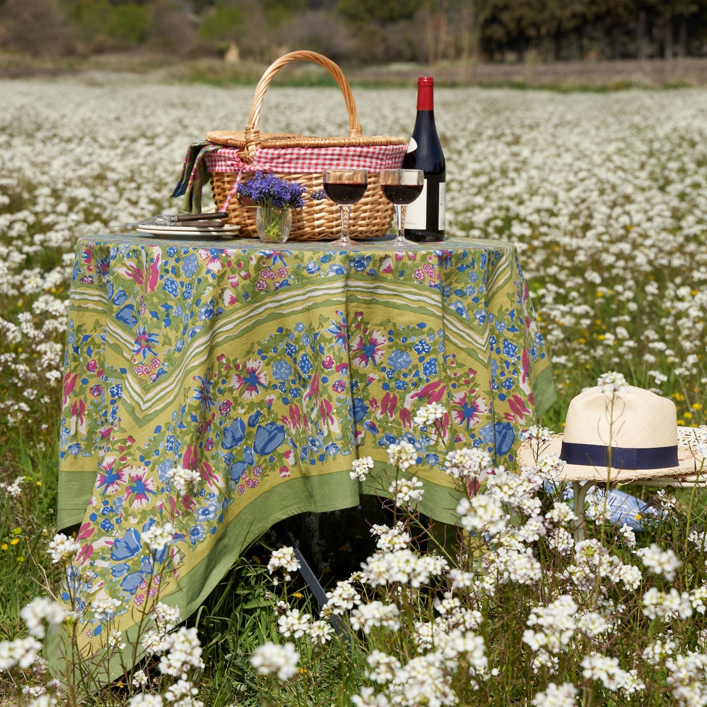 Couleur Nature Jardin Blue & Vert Tablecloth - Hand-Printed French Garden Table Linen