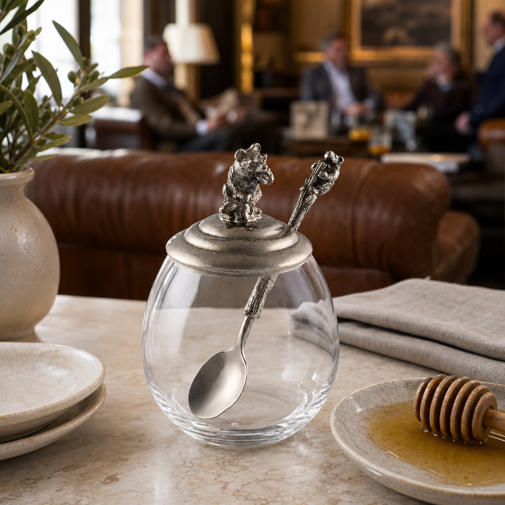 Glass & Pewter Little Bear Honey Pot | 5 Inch