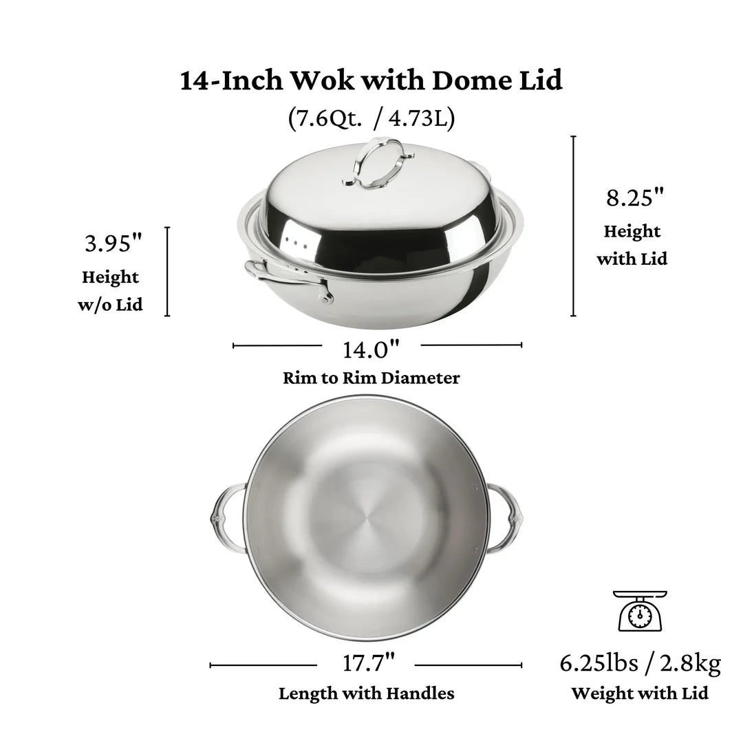 Hestan Probond Luxe Polished Clad Stainless Steel Wok with Dome Lid, 14-Inch