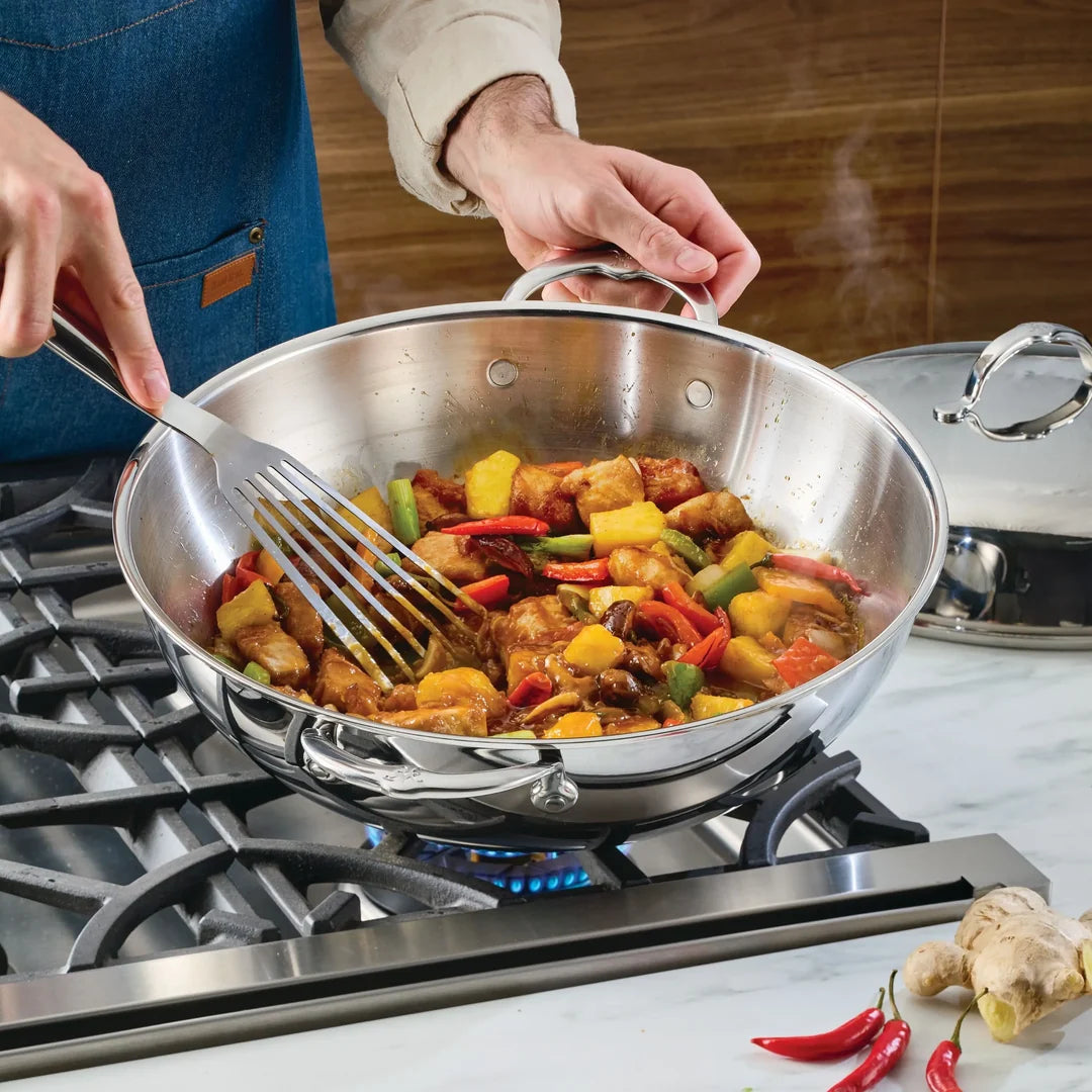 Hestan Probond Luxe Polished Clad Stainless Steel Wok with Dome Lid, 14-Inch