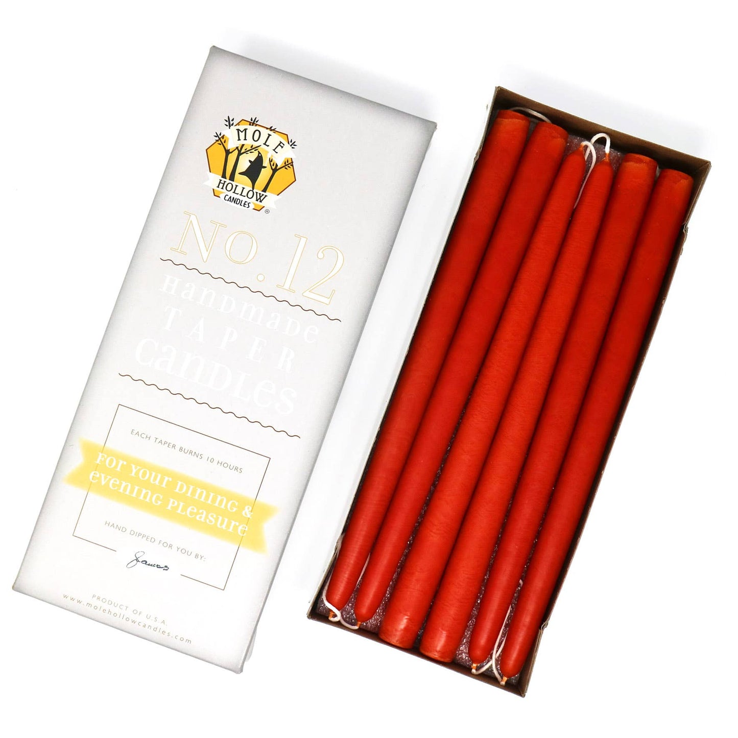Mole Hollow Hand Dipped Unscented Taper Candles 12"